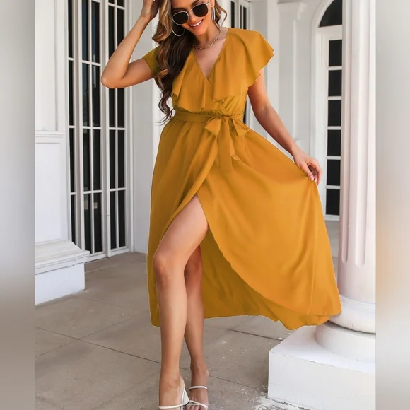 Romantic Ruffled Midi Dress with Wrap Silhouette and Slit - Picture 5 of 7